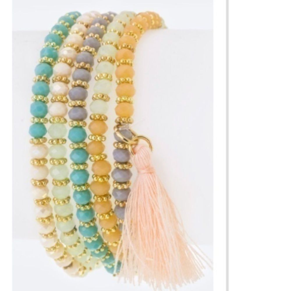 5PC Mix Beads & Tassel Stretch Bracelet